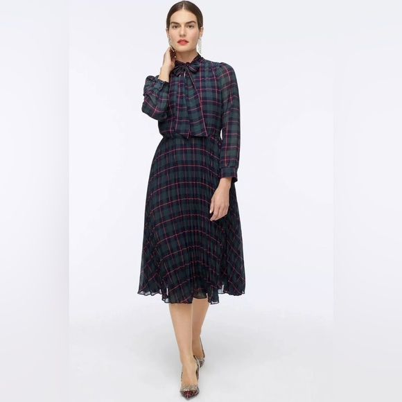 J. Crew Tie-neck Pleated A-line Dress In Black Watch Tartan - Picture 1 of 8